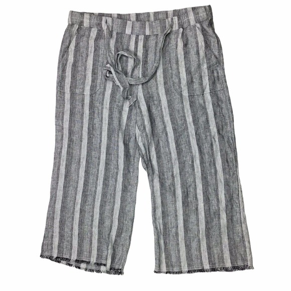 CASLON Black & White Stripe Linen Rayon Wide Leg Crop Pants Raw Hem Tie Waist XL - Picture 2 of 6